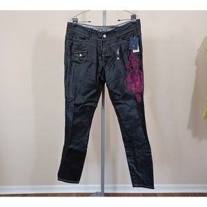Dereon Skinny Pants Jeans Black Shiny Smooth Embroidered Women US 14W NWT